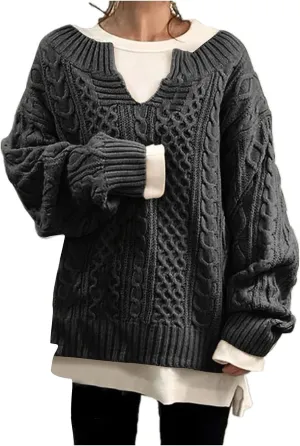 Women's Oversized Off Shoulder Cable Knit V Neck Long Sleeve Sweaters Pullover Loose Fitting Jumper Tops Plus Size