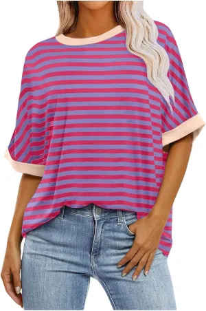 Women's Oversized Striped Short Sleeve T-Shirt High Low Hem Color Block Y2K Casual Summer Tee for Women 2025