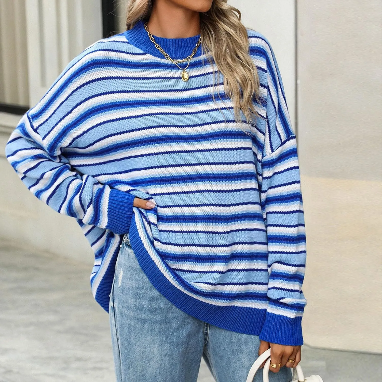 Womens Oversized Sweaters Long Sleeve Crew Neck Top 2024 Fall Outfits Fashion Striped Sweatshirt Plus Size