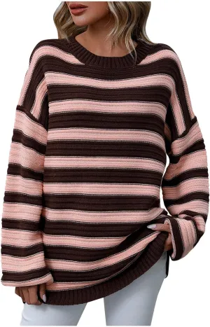 Womens Oversized Sweaters Long Sleeve Crew Neck Top 2024 Fall Outfits Fashion Striped Sweatshirt Plus Size