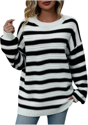 Womens Oversized Sweaters Long Sleeve Crew Neck Top 2024 Fall Outfits Fashion Striped Sweatshirt Plus Size