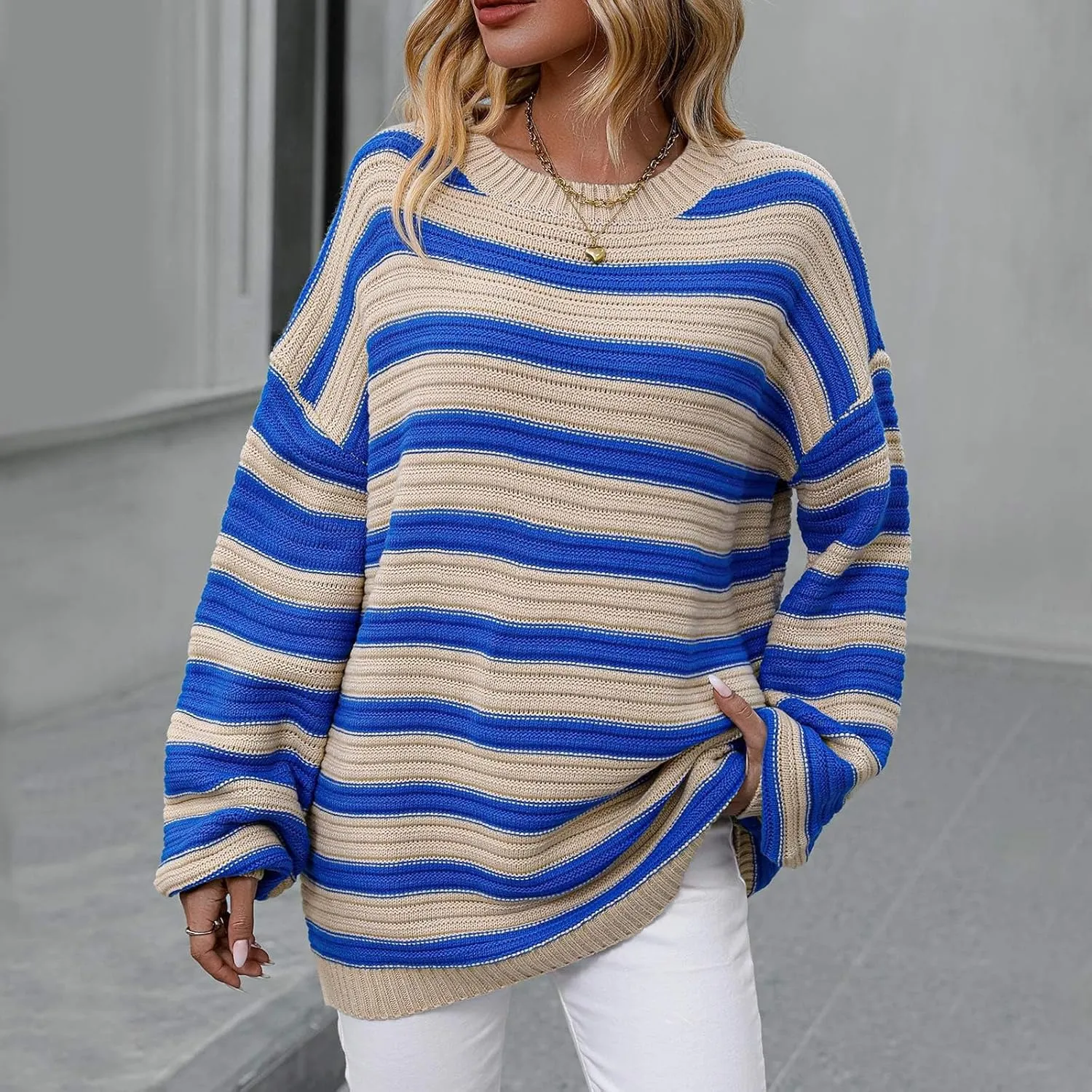 Womens Oversized Sweaters Long Sleeve Crew Neck Top 2024 Fall Outfits Fashion Striped Sweatshirt Plus Size