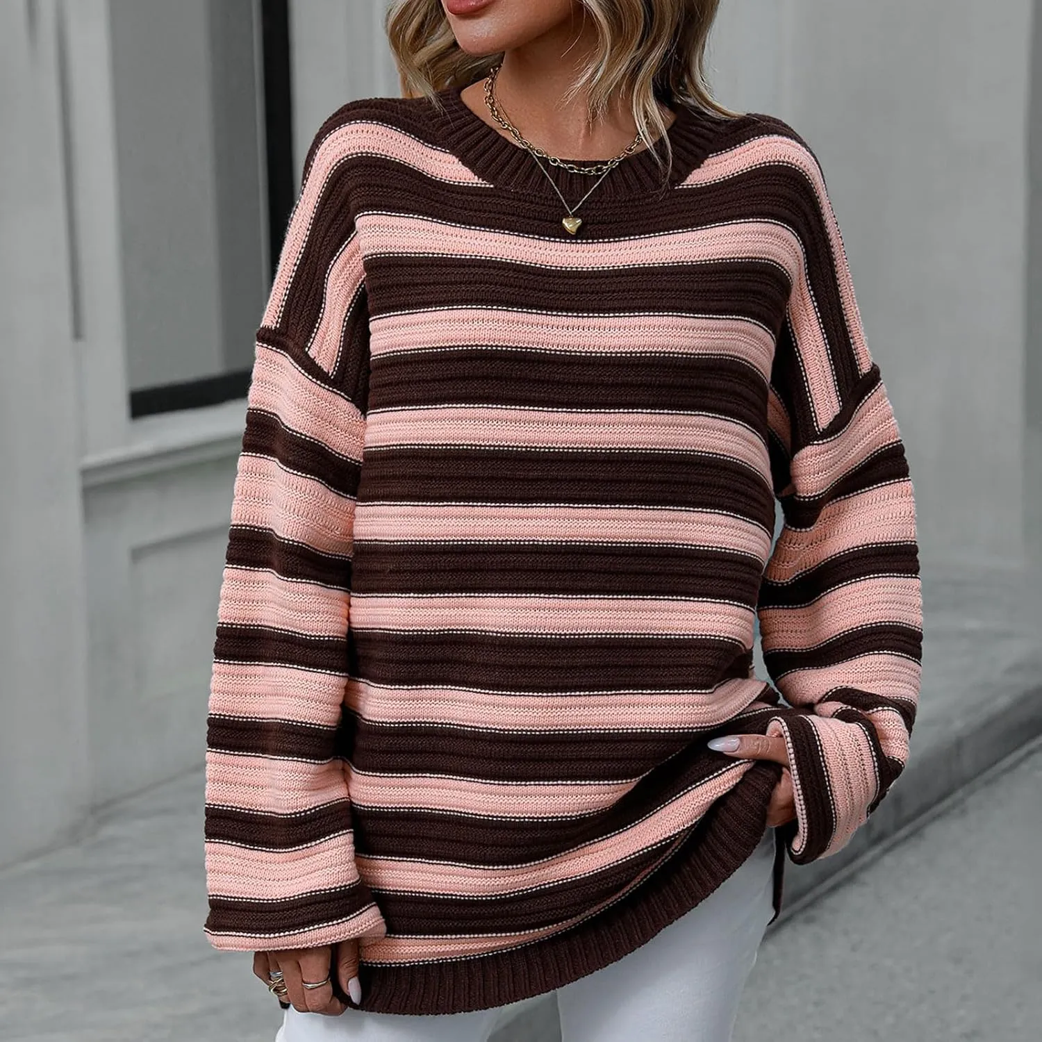 Womens Oversized Sweaters Long Sleeve Crew Neck Top 2024 Fall Outfits Fashion Striped Sweatshirt Plus Size