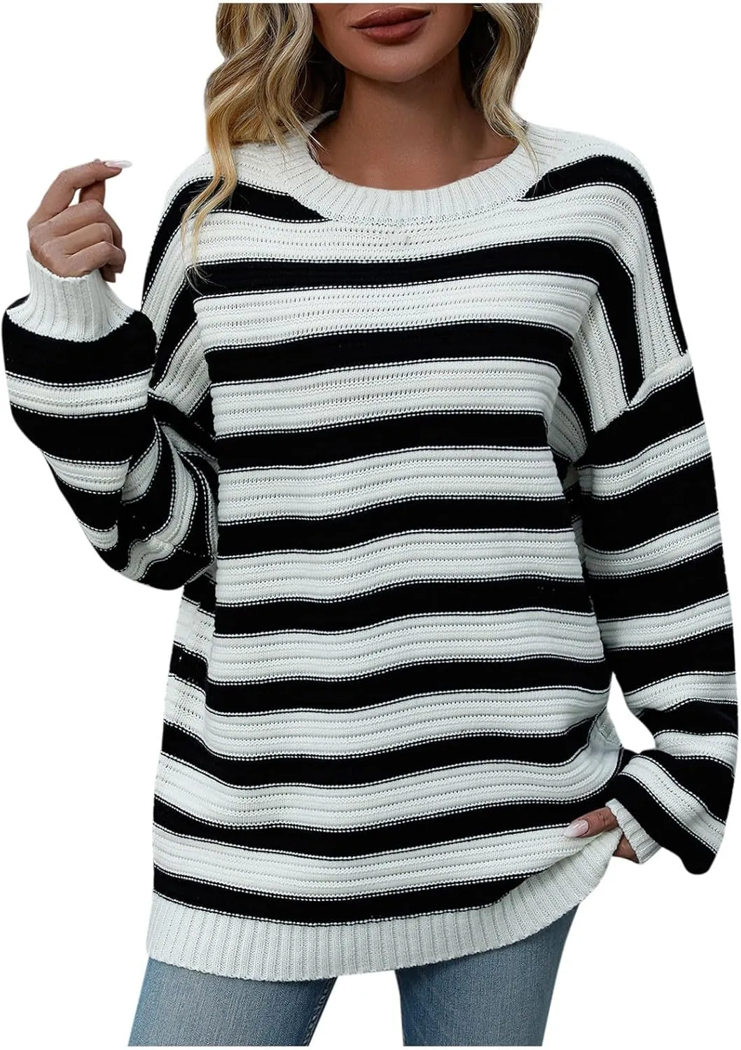 Womens Oversized Sweaters Long Sleeve Crew Neck Top 2024 Fall Outfits Fashion Striped Sweatshirt Plus Size