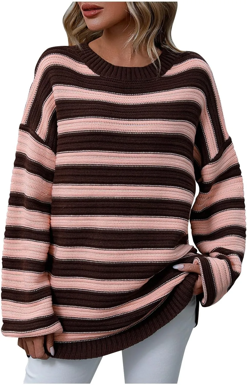Womens Oversized Sweaters Long Sleeve Crew Neck Top 2024 Fall Outfits Fashion Striped Sweatshirt Plus Size