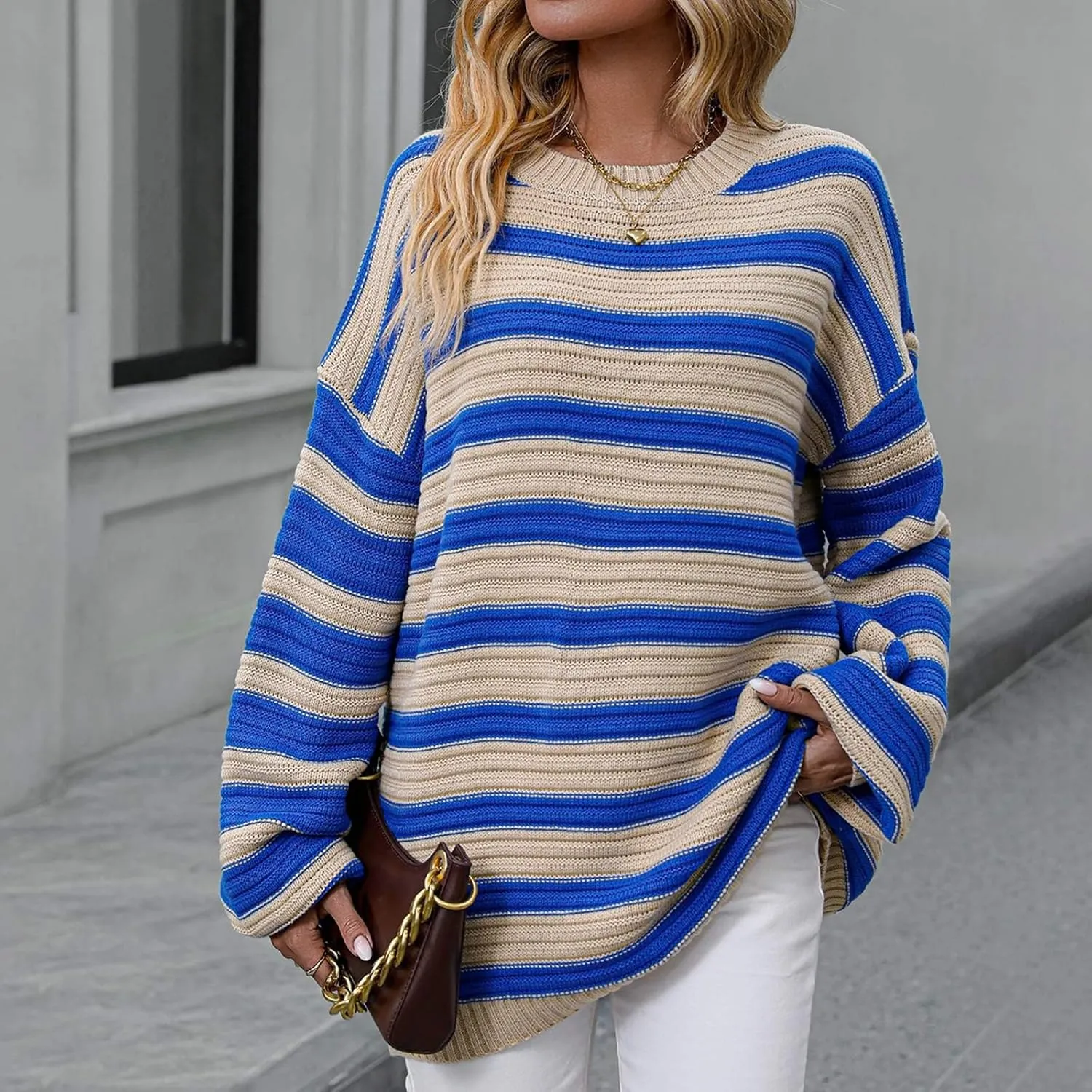 Womens Oversized Sweaters Long Sleeve Crew Neck Top 2024 Fall Outfits Fashion Striped Sweatshirt Plus Size