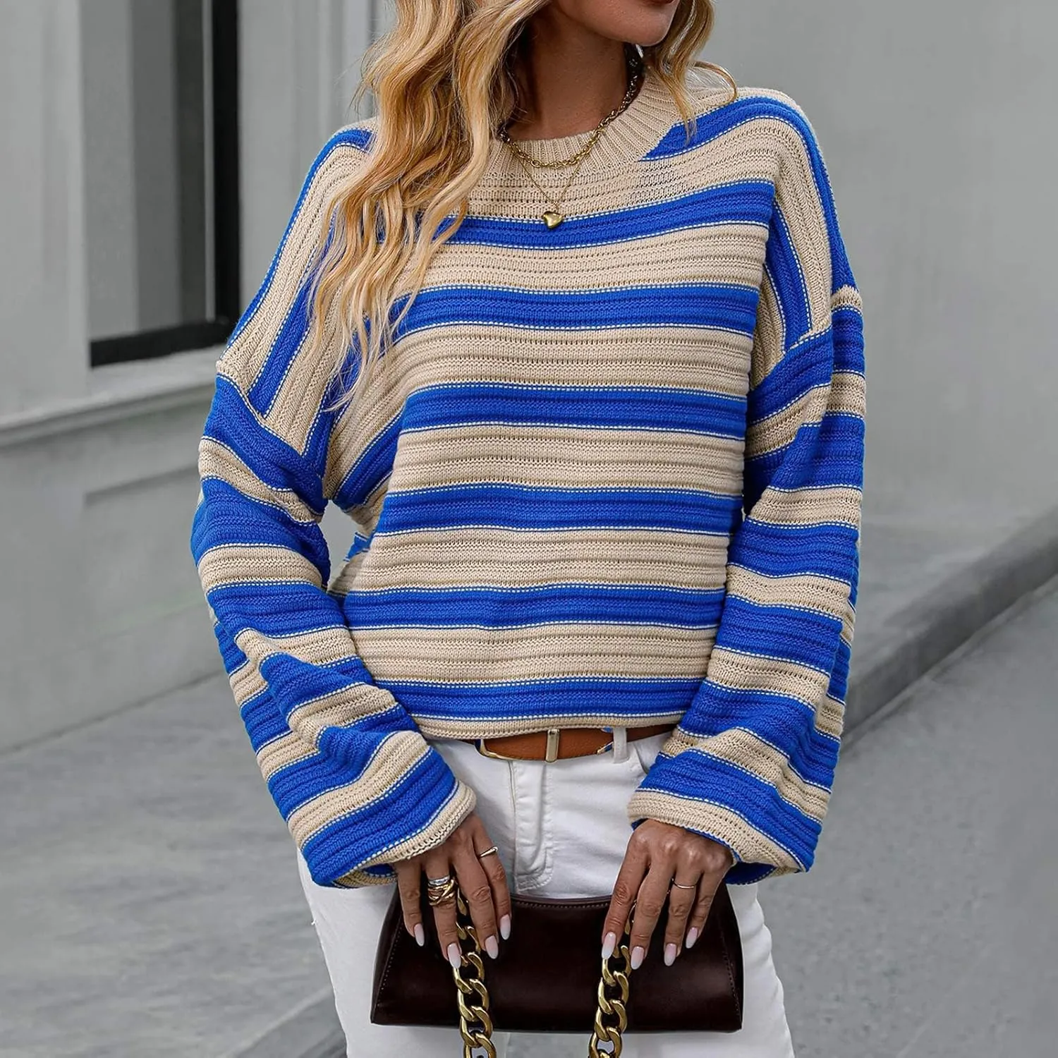 Womens Oversized Sweaters Long Sleeve Crew Neck Top 2024 Fall Outfits Fashion Striped Sweatshirt Plus Size