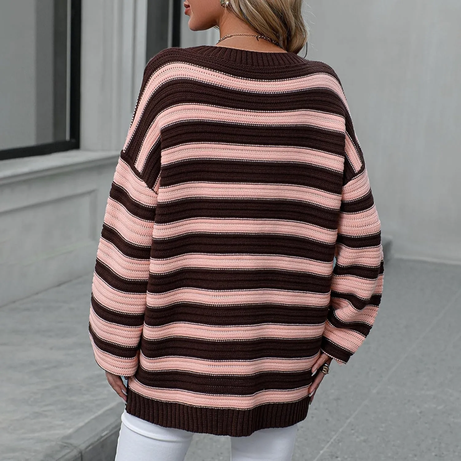 Womens Oversized Sweaters Long Sleeve Crew Neck Top 2024 Fall Outfits Fashion Striped Sweatshirt Plus Size