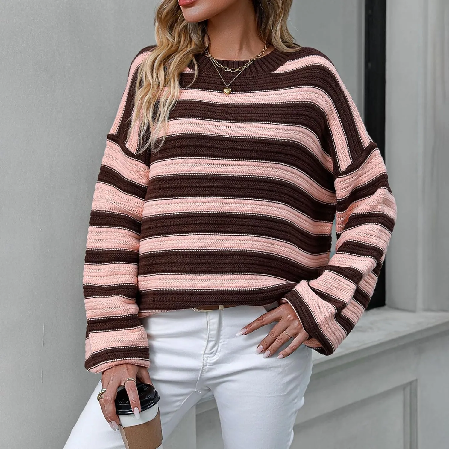 Womens Oversized Sweaters Long Sleeve Crew Neck Top 2024 Fall Outfits Fashion Striped Sweatshirt Plus Size