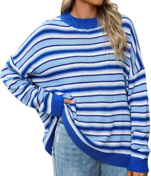 Womens Oversized Sweaters Long Sleeve Crew Neck Top 2024 Fall Outfits Fashion Striped Sweatshirt Plus Size