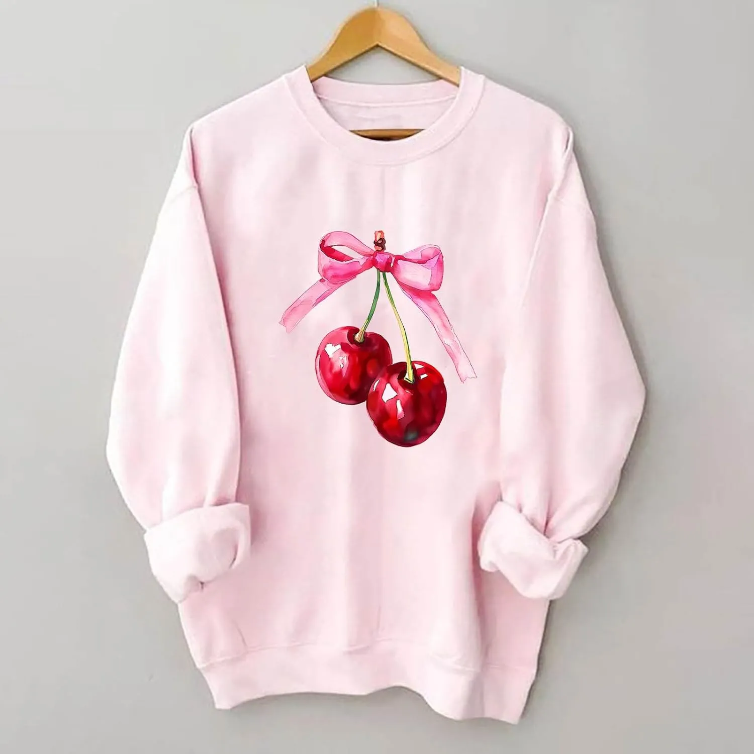Womens Oversized Sweatshirts Casual Crewneck Long Sleeve Shirts Bow Cherry Printed Outfits Fall Comfy Clothes