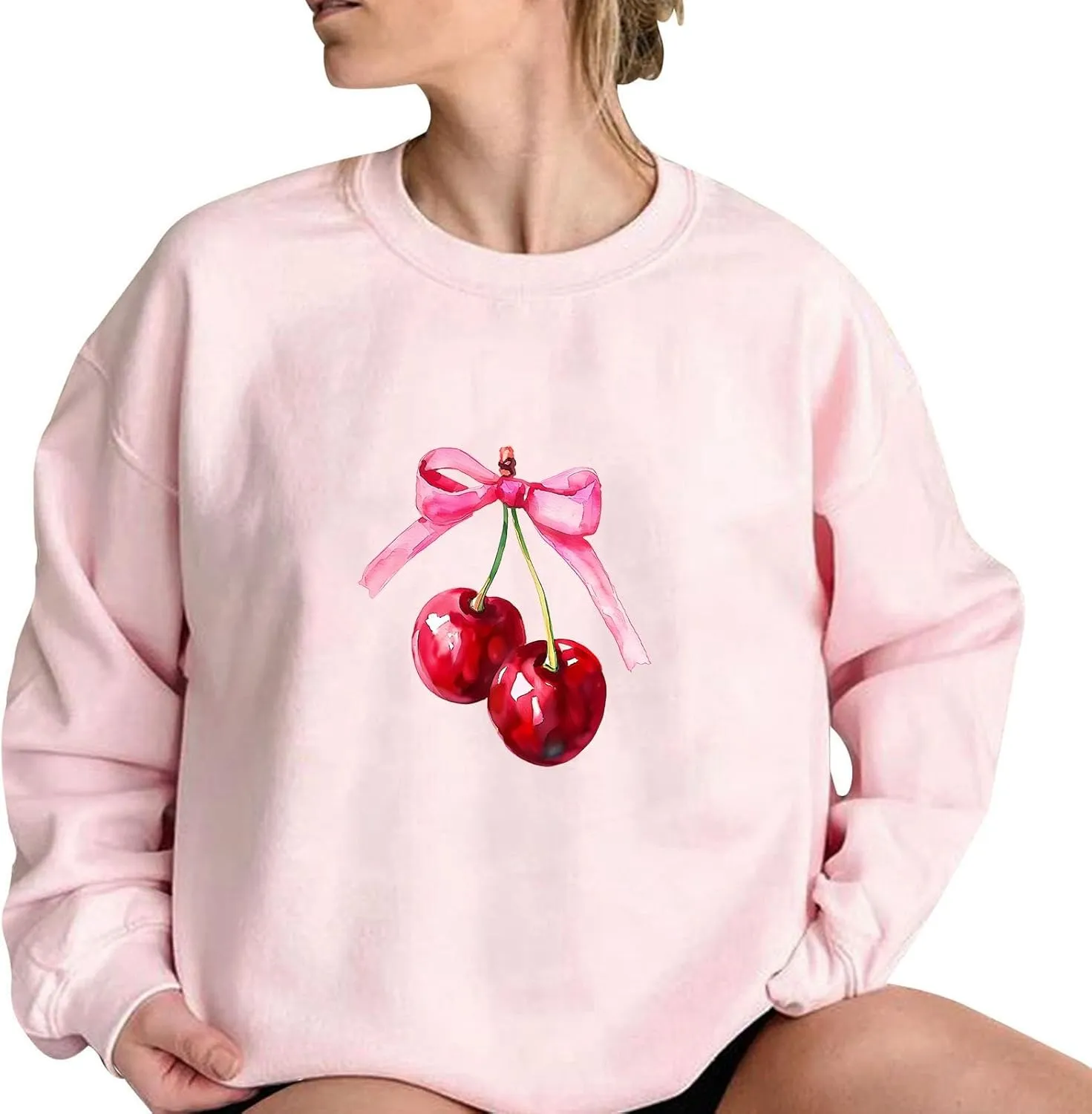 Womens Oversized Sweatshirts Casual Crewneck Long Sleeve Shirts Bow Cherry Printed Outfits Fall Comfy Clothes