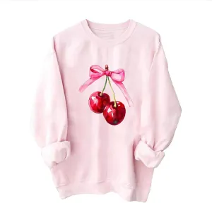 Womens Oversized Sweatshirts Casual Crewneck Long Sleeve Shirts Bow Cherry Printed Outfits Fall Comfy Clothes