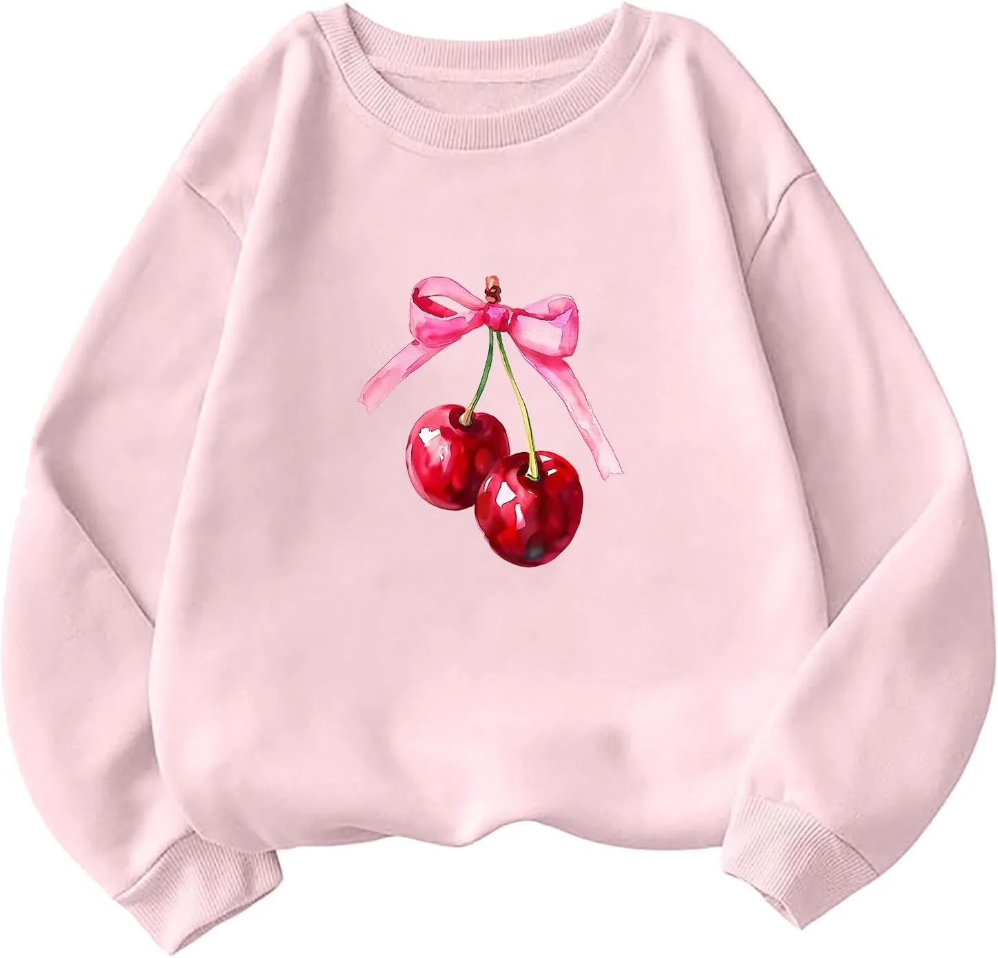 Womens Oversized Sweatshirts Casual Crewneck Long Sleeve Shirts Bow Cherry Printed Outfits Fall Comfy Clothes