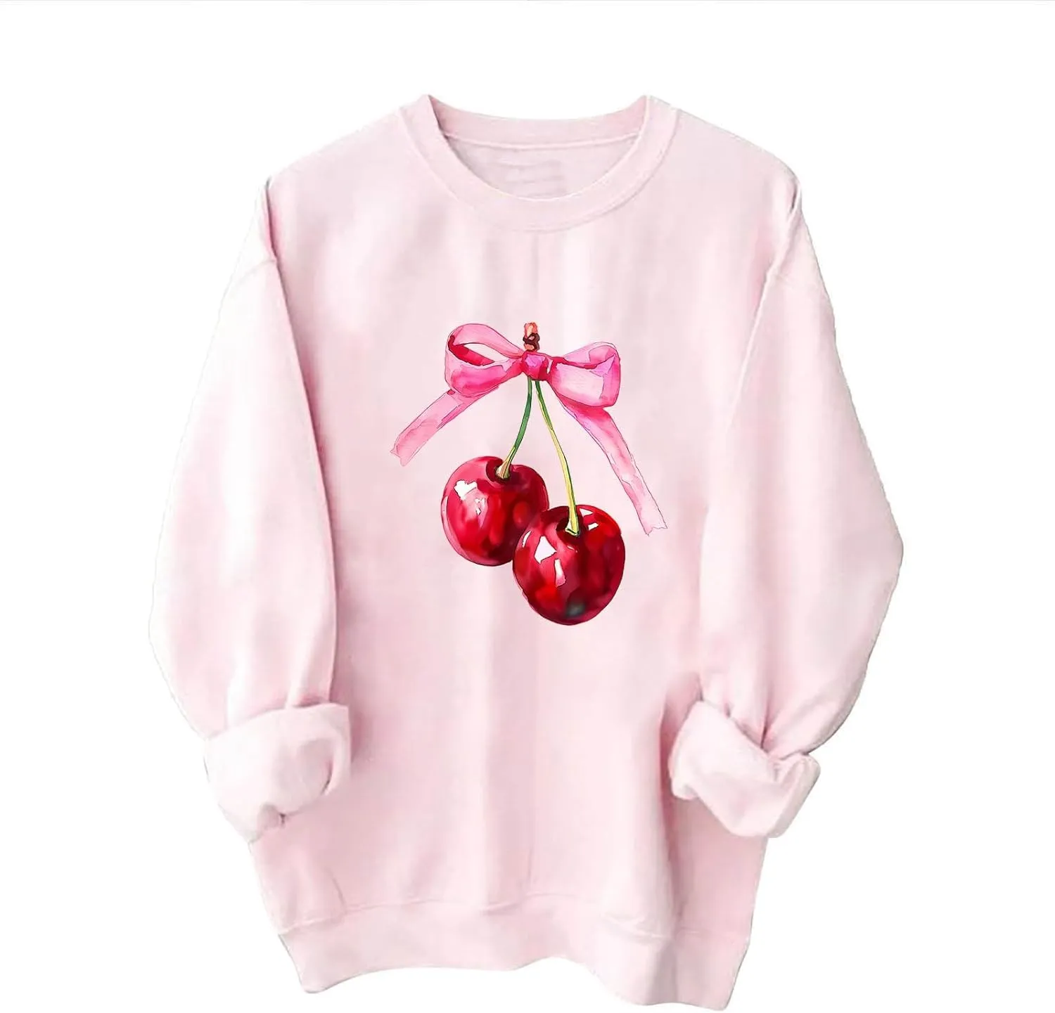 Womens Oversized Sweatshirts Casual Crewneck Long Sleeve Shirts Bow Cherry Printed Outfits Fall Comfy Clothes