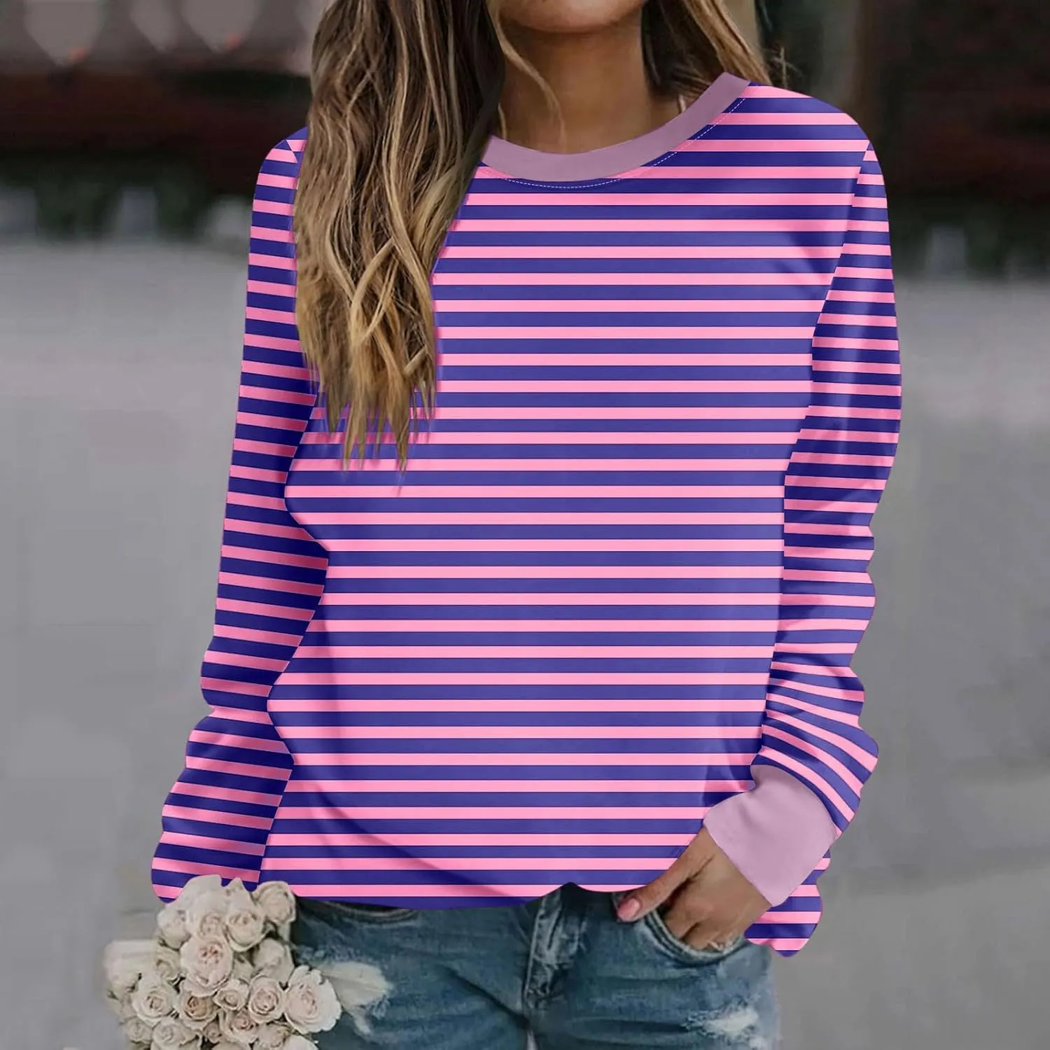 Womens Oversized Sweatshirts Hoodless 2024 Fall Striped Color Block Tops Long Sleeve Shirts Long Sleeve Pullover Tops