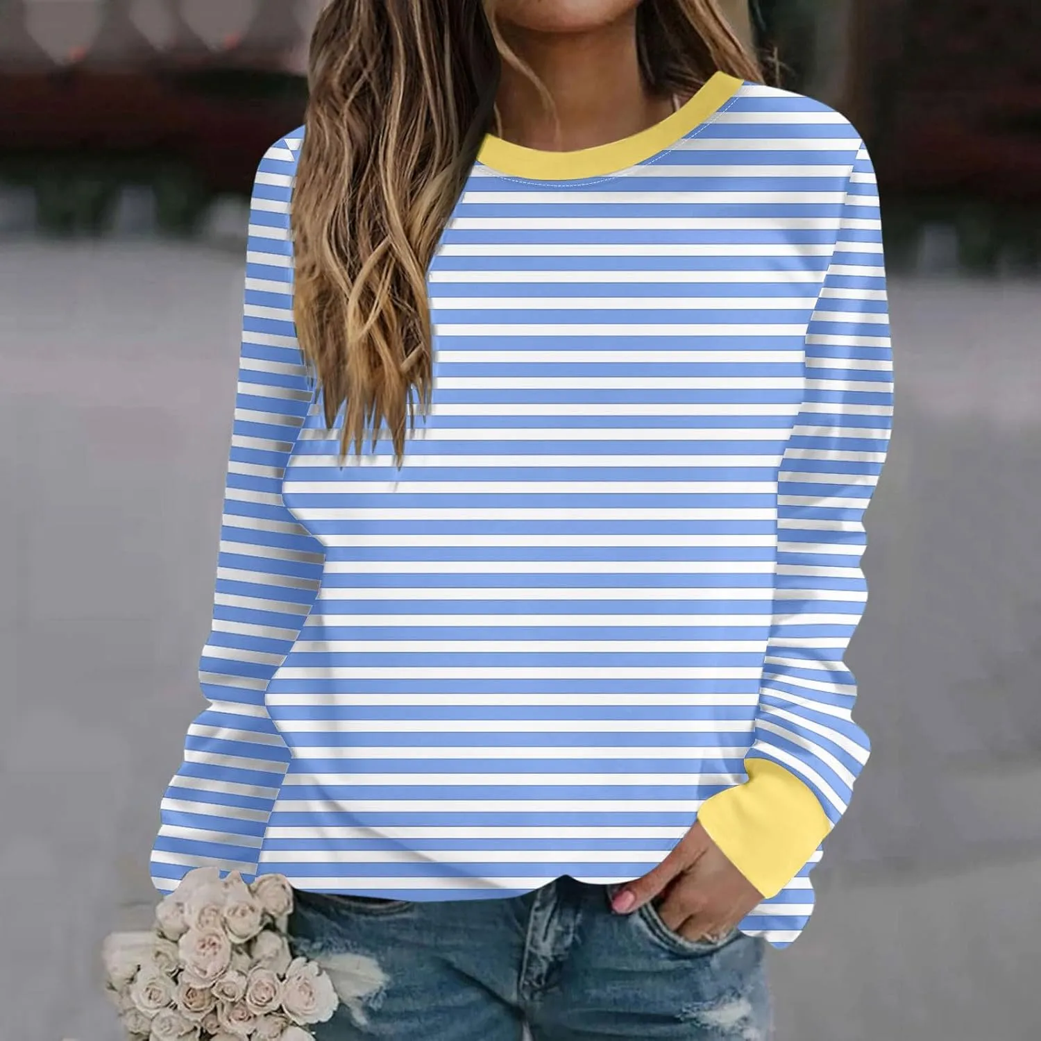 Womens Oversized Sweatshirts Hoodless 2024 Fall Striped Color Block Tops Long Sleeve Shirts Long Sleeve Pullover Tops