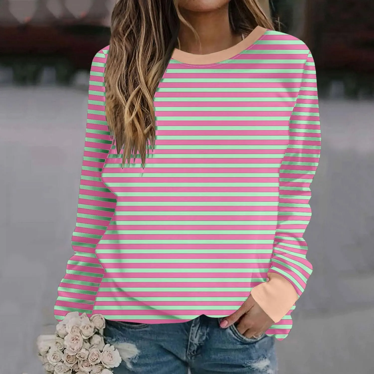 Womens Oversized Sweatshirts Hoodless 2024 Fall Striped Color Block Tops Long Sleeve Shirts Long Sleeve Pullover Tops