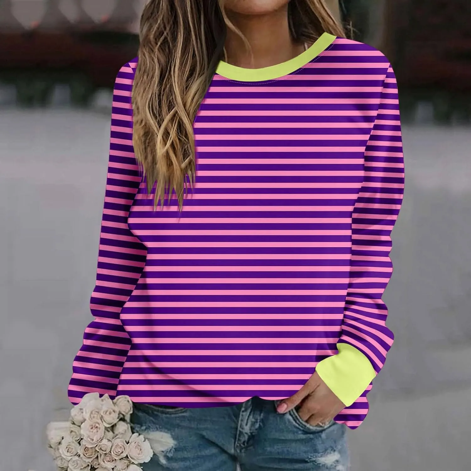 Womens Oversized Sweatshirts Hoodless 2024 Fall Striped Color Block Tops Long Sleeve Shirts Long Sleeve Pullover Tops