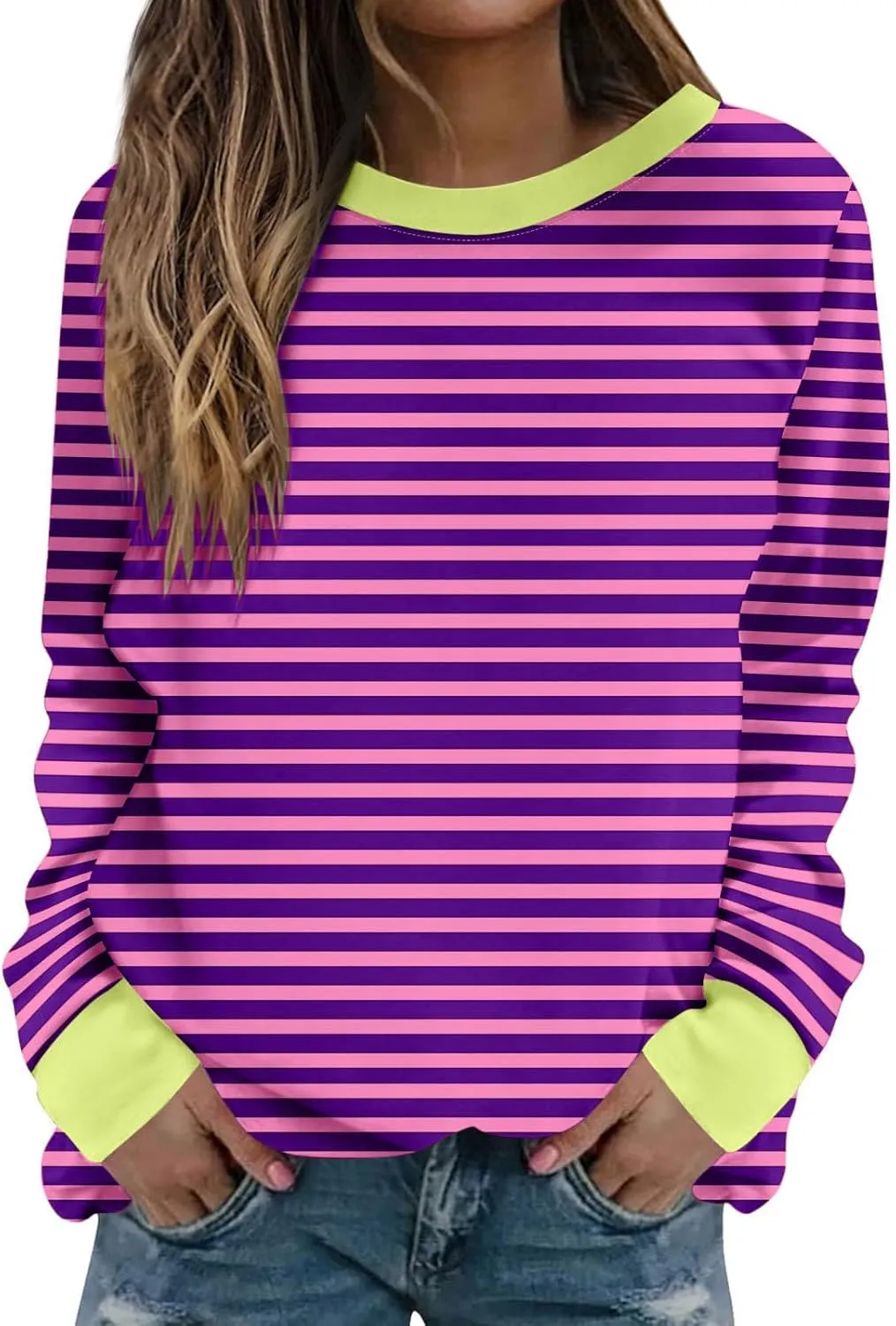 Womens Oversized Sweatshirts Hoodless 2024 Fall Striped Color Block Tops Long Sleeve Shirts Long Sleeve Pullover Tops