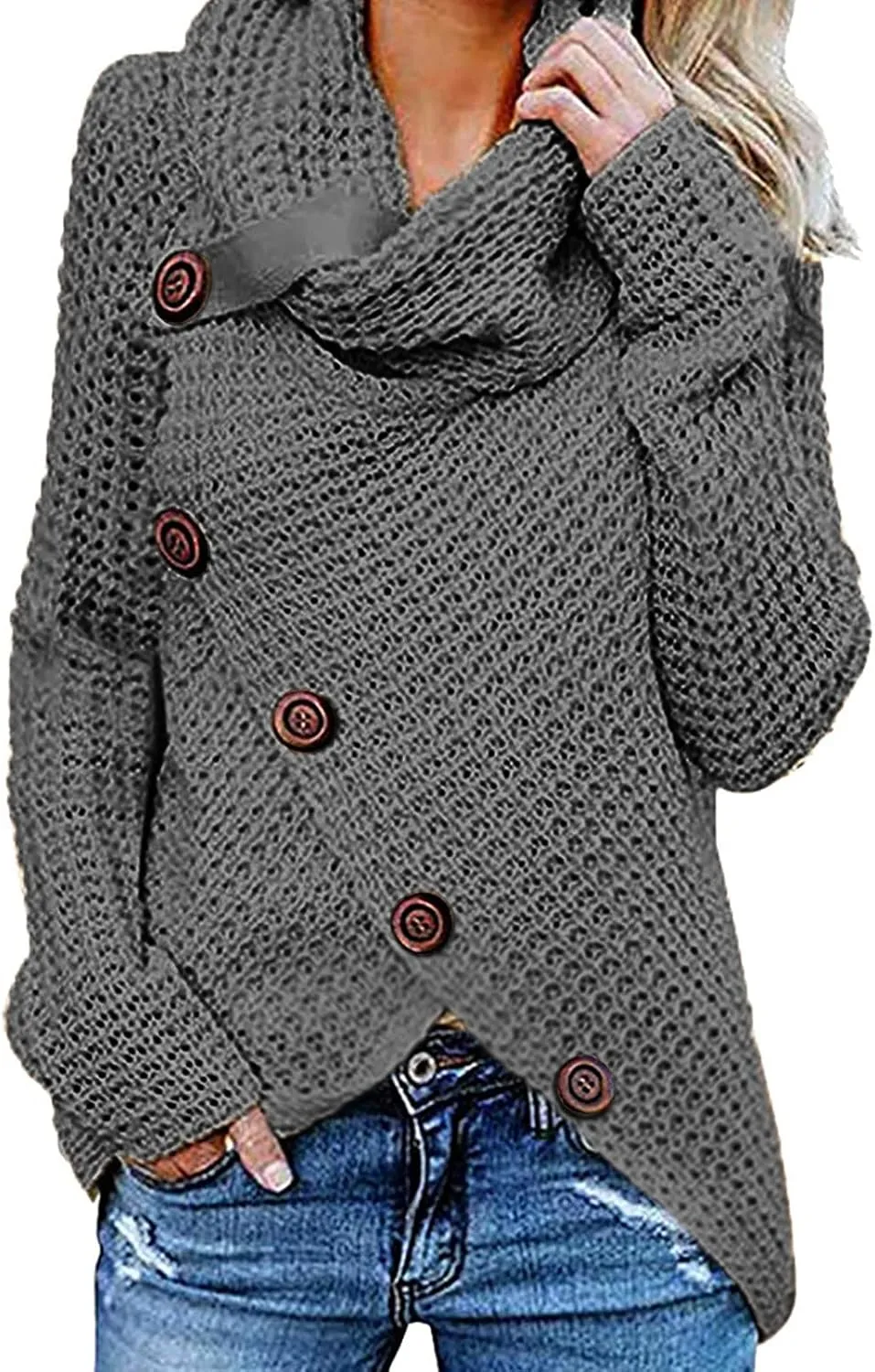 Women's Oversized Turtleneck Spilt Casual Loose Button Knit Tunic Pullover Sweater Blouse Tops 2024 Fall Outfits