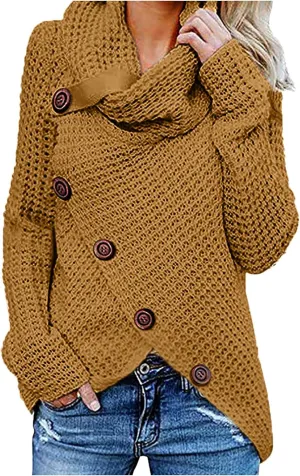 Women's Oversized Turtleneck Spilt Casual Loose Button Knit Tunic Pullover Sweater Blouse Tops 2024 Fall Outfits