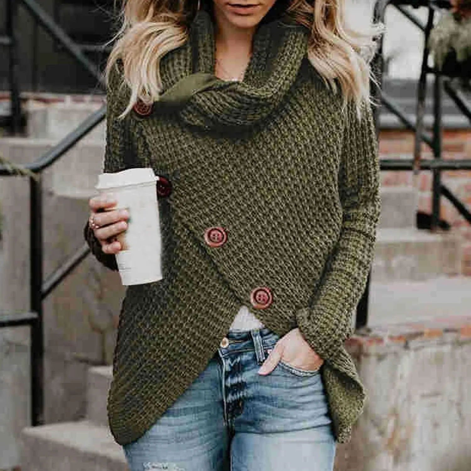 Women's Oversized Turtleneck Spilt Casual Loose Button Knit Tunic Pullover Sweater Blouse Tops 2024 Fall Outfits