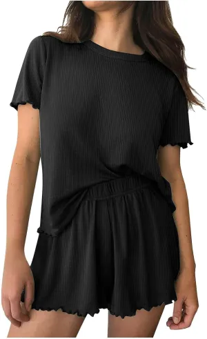 Womens Pajama Sets Ribbed Knit Short Sleeve Tops and Shorts Sets Women 2 Piece Outfits Casual Lounge Wear Pjs Sets