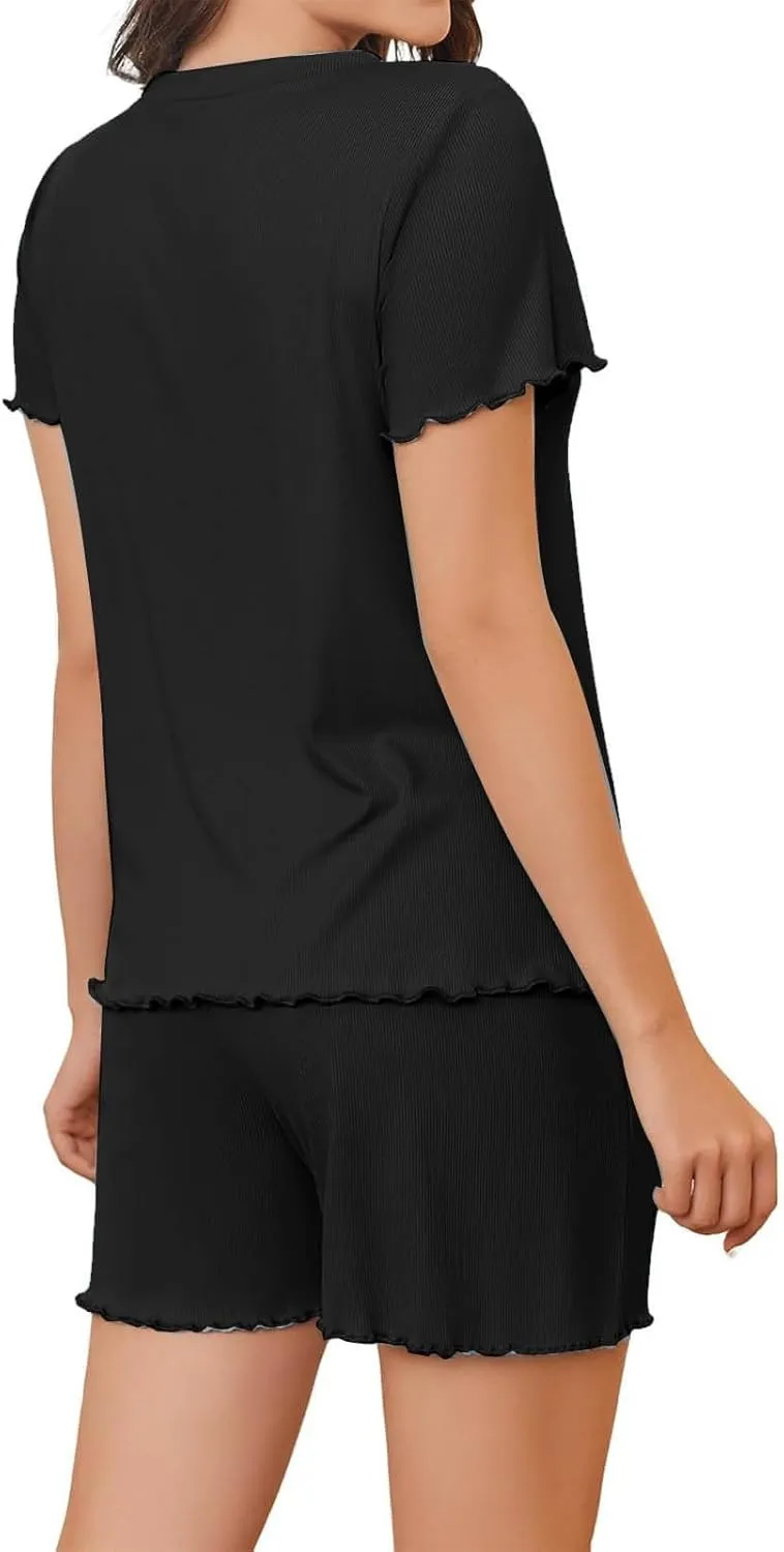 Womens Pajama Sets Ribbed Knit Short Sleeve Tops and Shorts Sets Women 2 Piece Outfits Casual Lounge Wear Pjs Sets