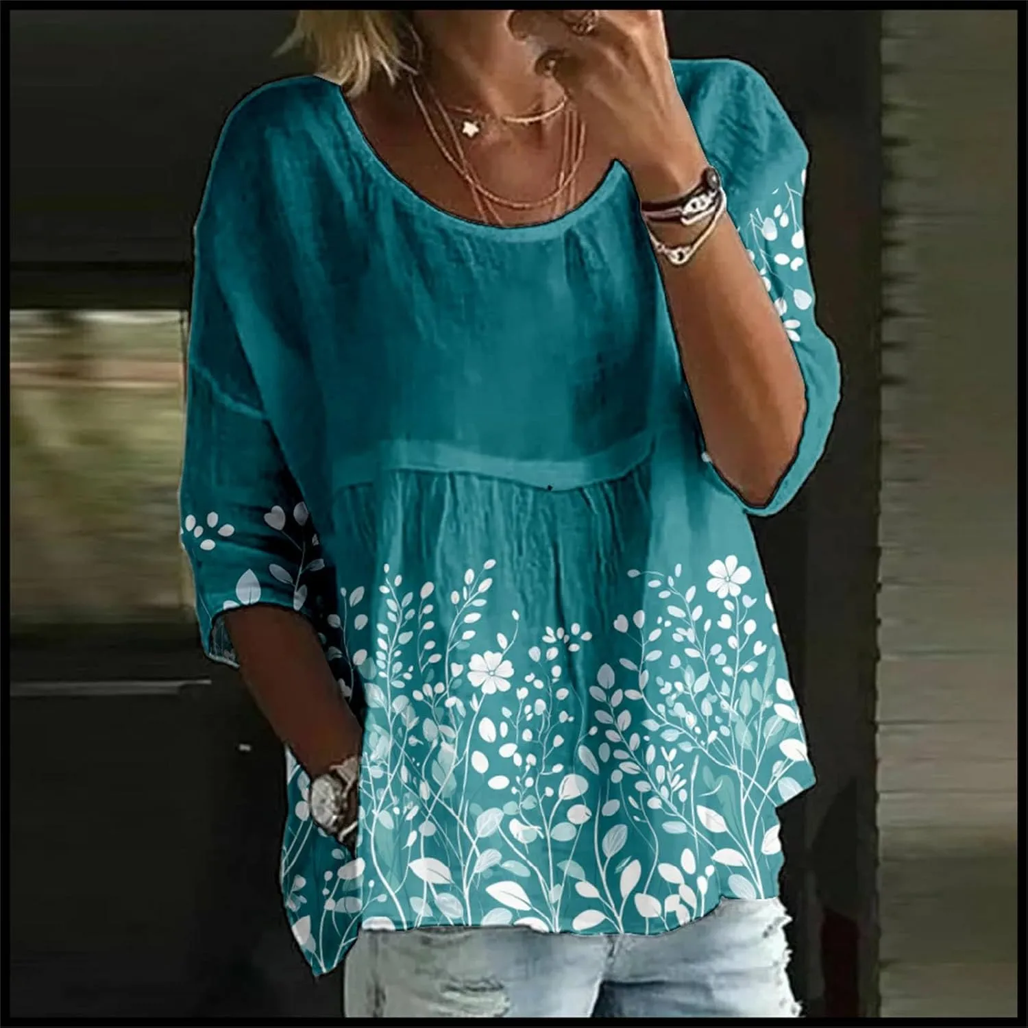 Womens Peasant Boho Tunic Tops 2025 3/4 Length Sleeve Casual Floral Print Loose Fit Summer Flowy Babydoll Blouses