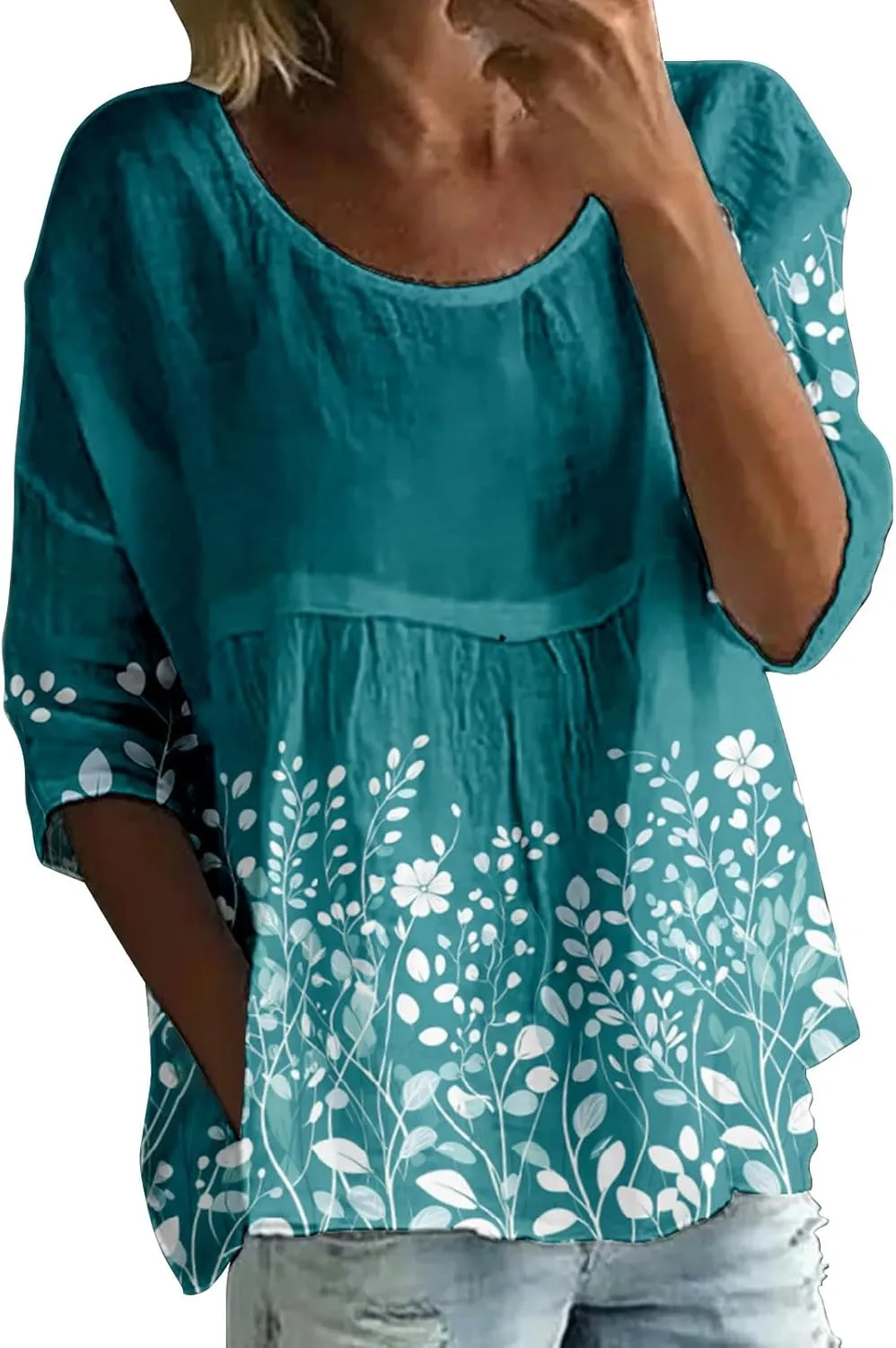 Womens Peasant Boho Tunic Tops 2025 3/4 Length Sleeve Casual Floral Print Loose Fit Summer Flowy Babydoll Blouses