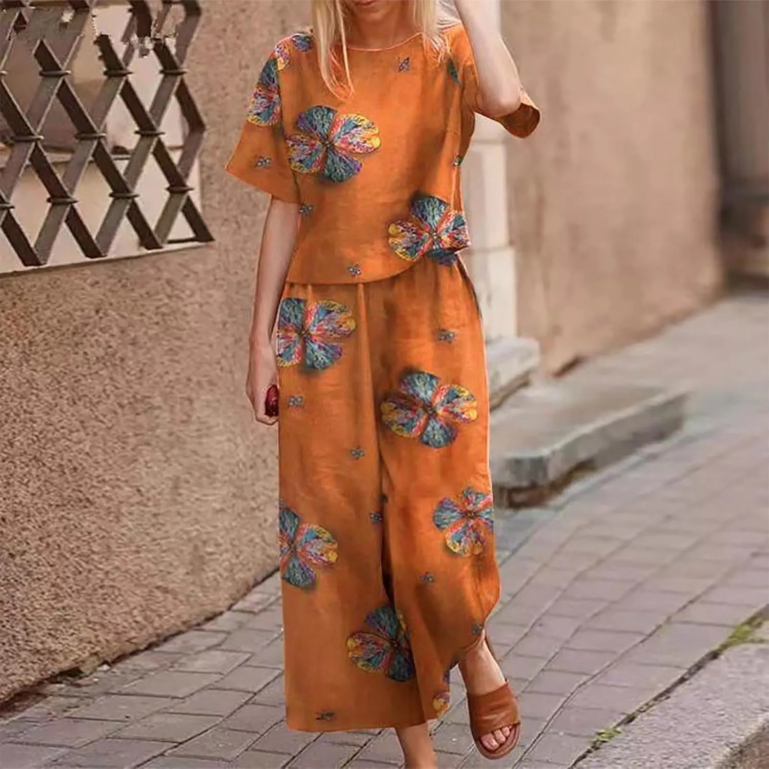 Women's Plus Size Linen Sets 2 Piece Summer Outfit Beach Boho Sets Casual Printed Shirts and Pants Lounge Sets Trendy