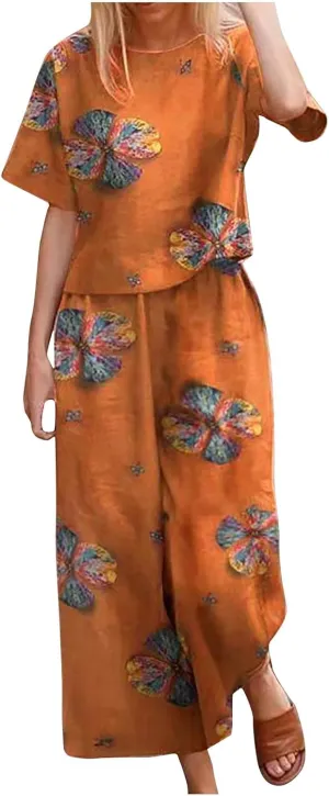 Women's Plus Size Linen Sets 2 Piece Summer Outfit Beach Boho Sets Casual Printed Shirts and Pants Lounge Sets Trendy