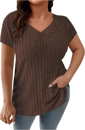 Womens Plus Size Tops Summer Short Sleeve V-Neck Casual Loose Solid Ribbed Knit Basic Tee Shirt