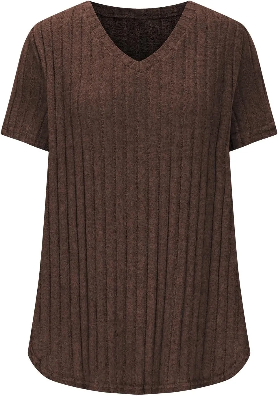 Womens Plus Size Tops Summer Short Sleeve V-Neck Casual Loose Solid Ribbed Knit Basic Tee Shirt