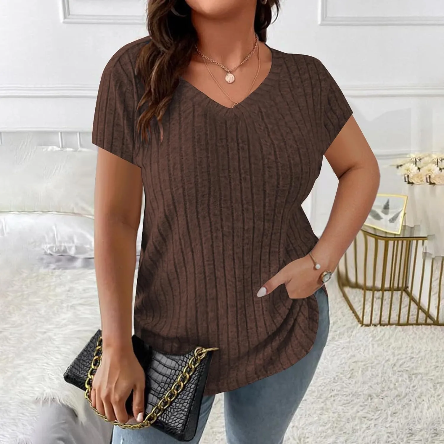 Womens Plus Size Tops Summer Short Sleeve V-Neck Casual Loose Solid Ribbed Knit Basic Tee Shirt