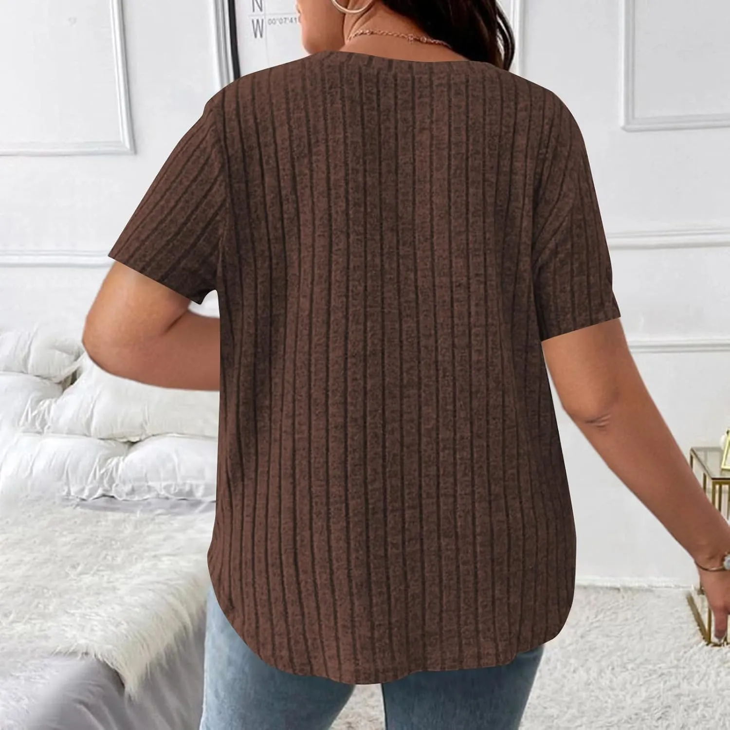 Womens Plus Size Tops Summer Short Sleeve V-Neck Casual Loose Solid Ribbed Knit Basic Tee Shirt