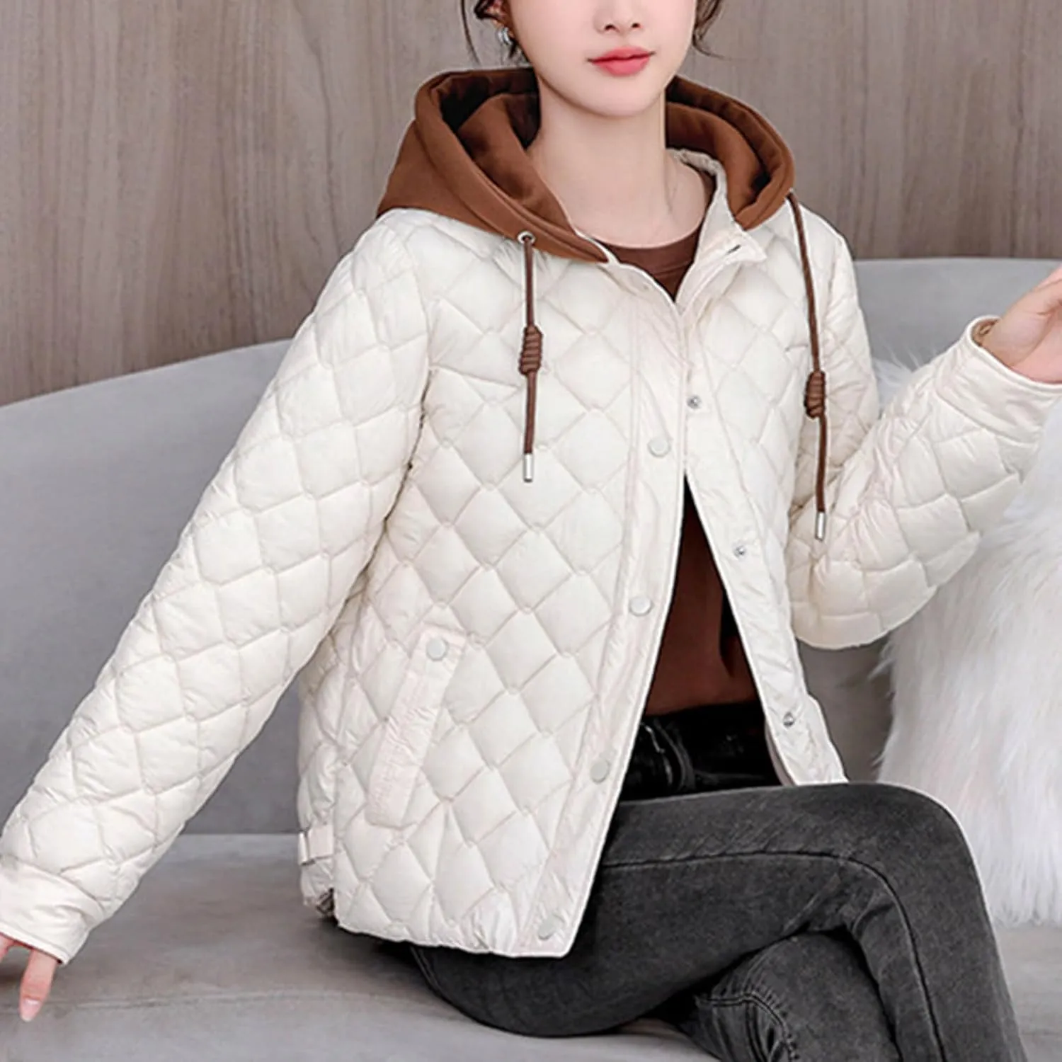Womens Quilted Puffer Jackets Hooded Winter Warm Down Coat Loose Comfort Outerwear with Pockets Thicken Puffy Jacket