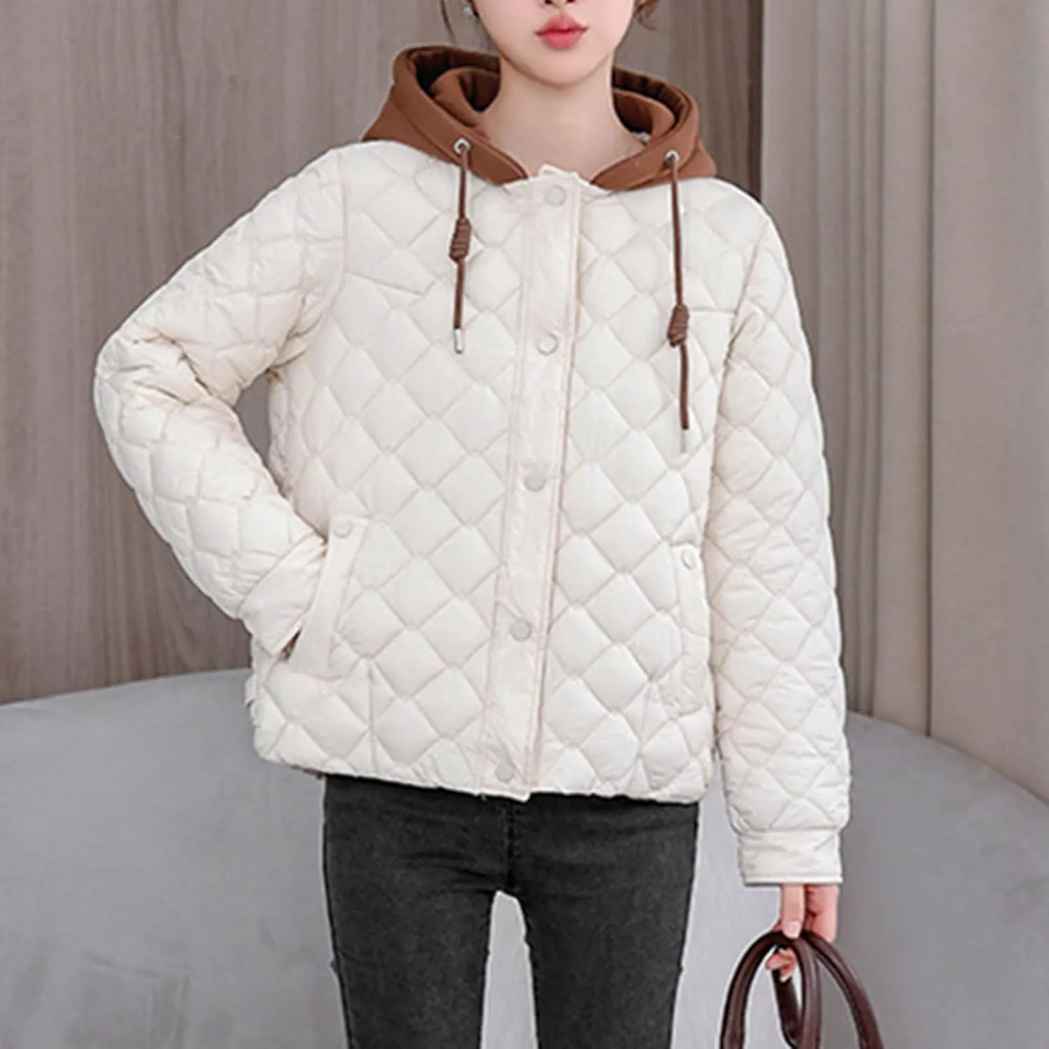 Womens Quilted Puffer Jackets Hooded Winter Warm Down Coat Loose Comfort Outerwear with Pockets Thicken Puffy Jacket
