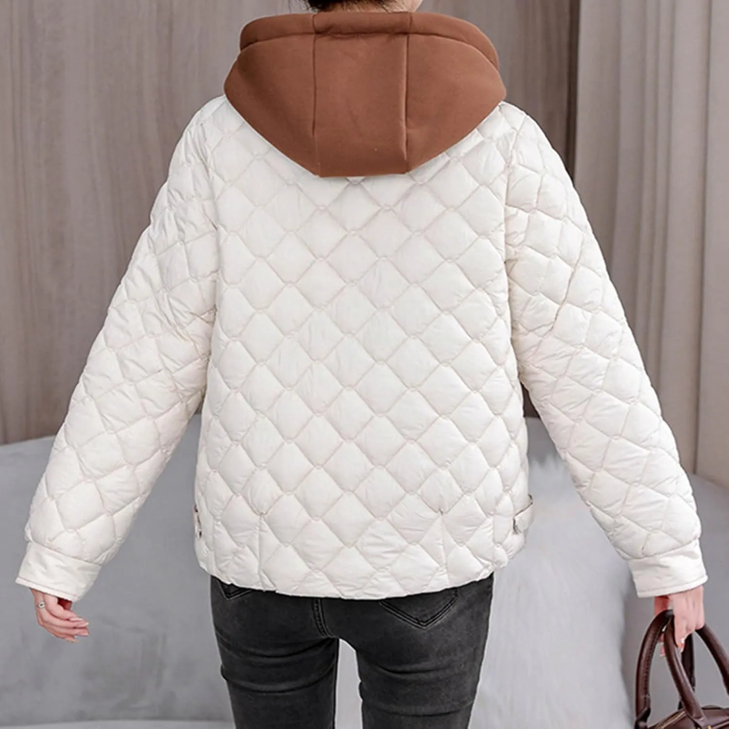 Womens Quilted Puffer Jackets Hooded Winter Warm Down Coat Loose Comfort Outerwear with Pockets Thicken Puffy Jacket