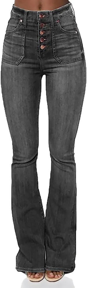 Women's Retro Style Skinny Bell Jeans Stretch Perfect Button Flare Jeans Classic High Rise Fly Flare Jean
