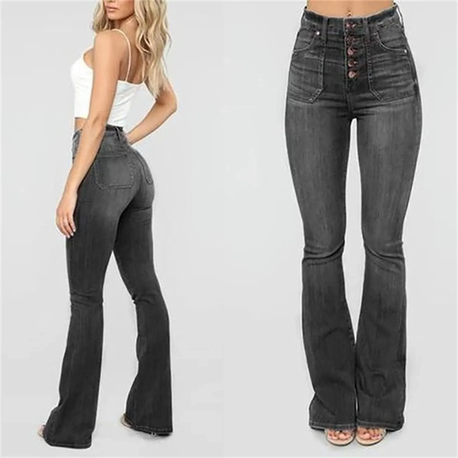 Women's Retro Style Skinny Bell Jeans Stretch Perfect Button Flare Jeans Classic High Rise Fly Flare Jean