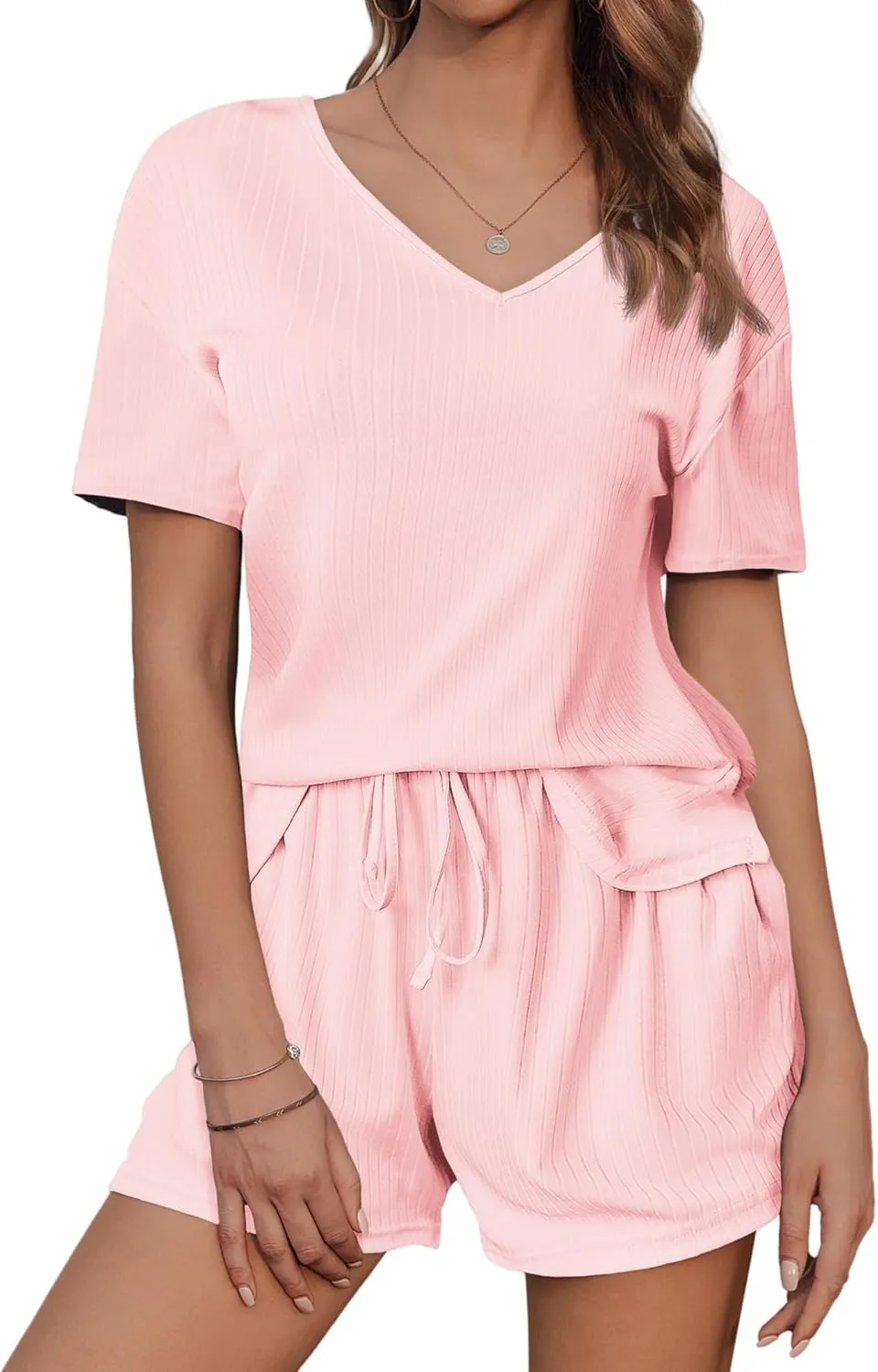 Womens Ribbed Knit Lounge Set, Short Sleeve Top and Shorts, Waffle 2 Piece with Cute Sleep Loungewear Sets