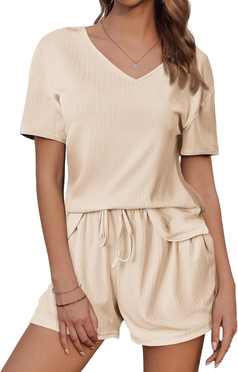 Womens Ribbed Knit Lounge Set, Short Sleeve Top and Shorts, Waffle 2 Piece with Cute Sleep Loungewear Sets
