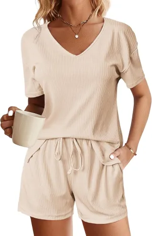 Womens Ribbed Knit Lounge Set, Short Sleeve Top and Shorts, Waffle 2 Piece with Cute Sleep Loungewear Sets
