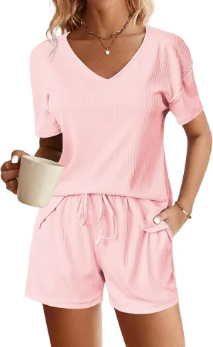 Womens Ribbed Knit Lounge Set, Short Sleeve Top and Shorts, Waffle 2 Piece with Cute Sleep Loungewear Sets