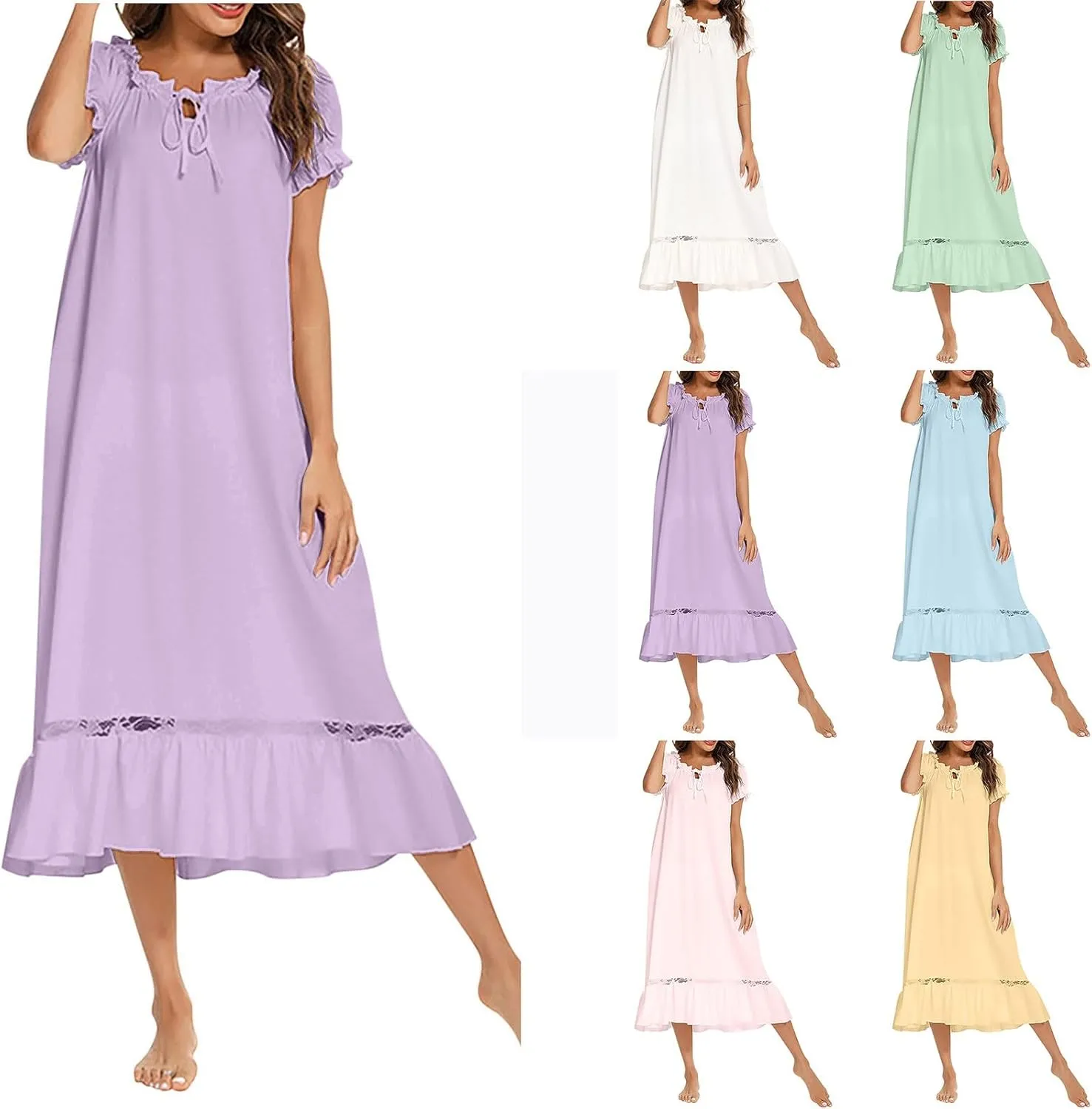 Women's Ruffle Nightgown Laceup Front Crewneck Sleep Dress Summer Short Sleeve Loose Comfy Pajamas Sleepwear