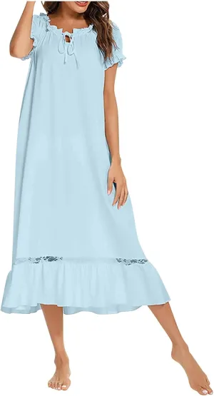 Women's Ruffle Nightgown Laceup Front Crewneck Sleep Dress Summer Short Sleeve Loose Comfy Pajamas Sleepwear