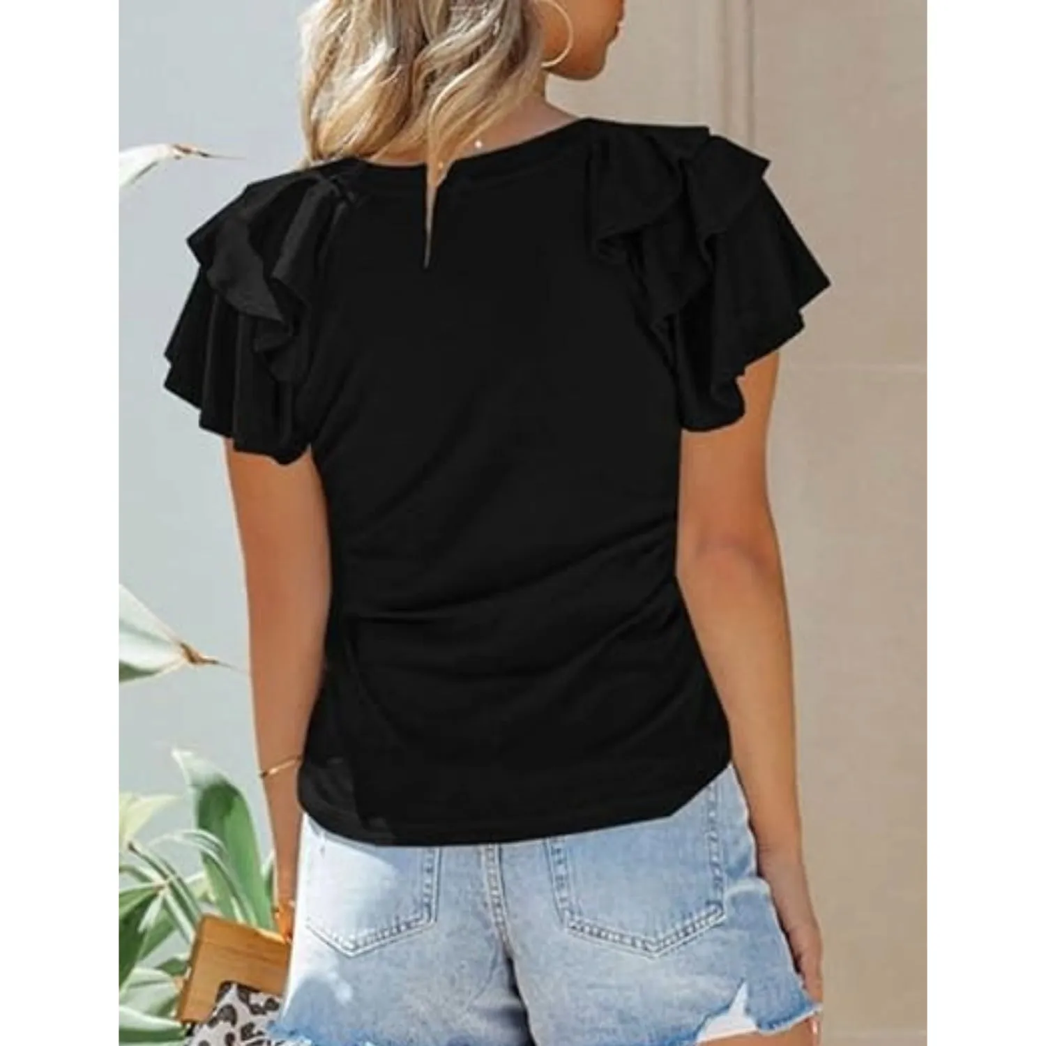 Women's Ruffle Sleeve Tops - Casual Summer V-Neck Tees