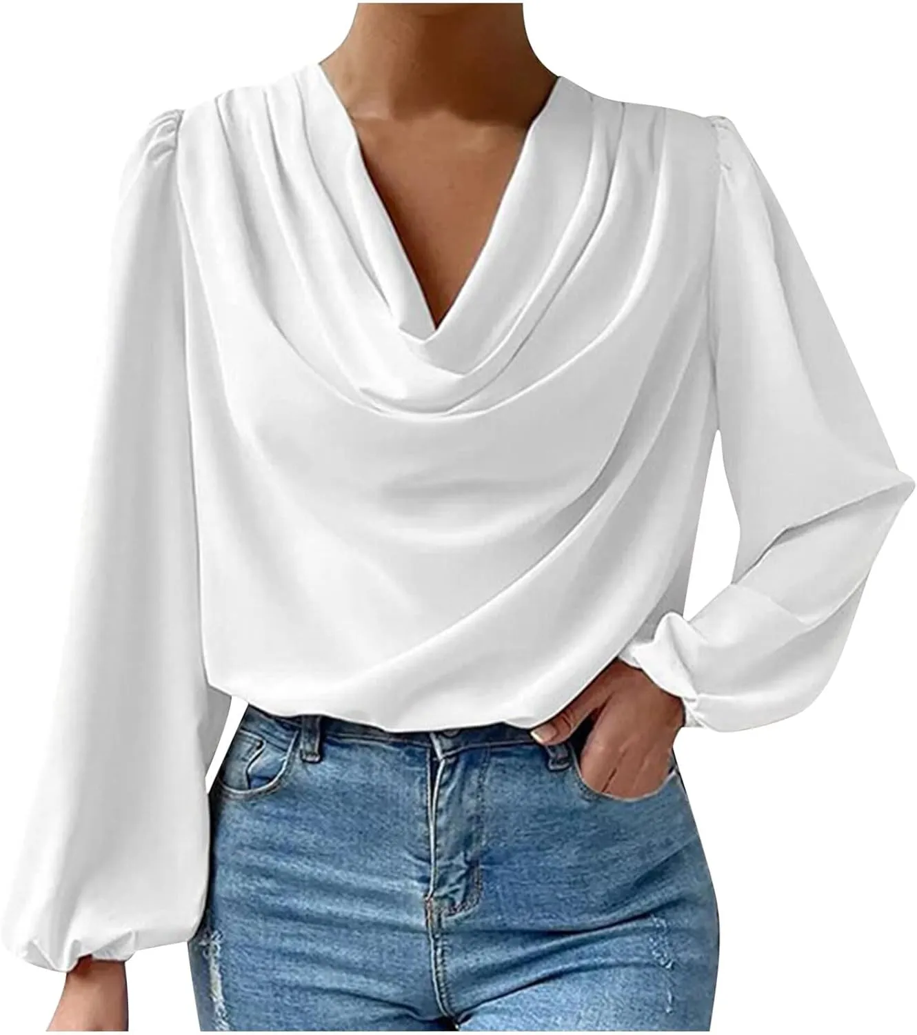 Women's Satin Silk Draped Cowl Neck Ruched Long Sleeve Crop Tops Dressy Casual Blouse Shirt Spring Fashion 2023